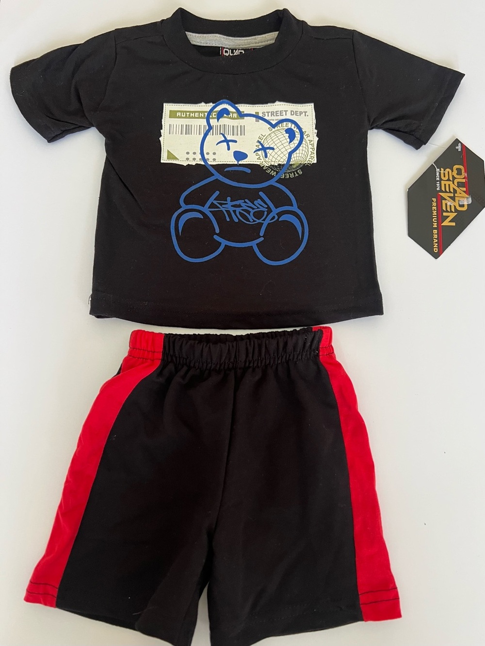 NWT Quad Seven Baby Boy 2-Piece Streetwear Set Size 6-9M Black Red Bear Graphic